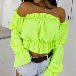 Off Shoulder Crop Lantern Long Sleeve Shirts Slim Shirred Waist Ruched Top